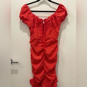 Off the shoulder, red polka dot dress